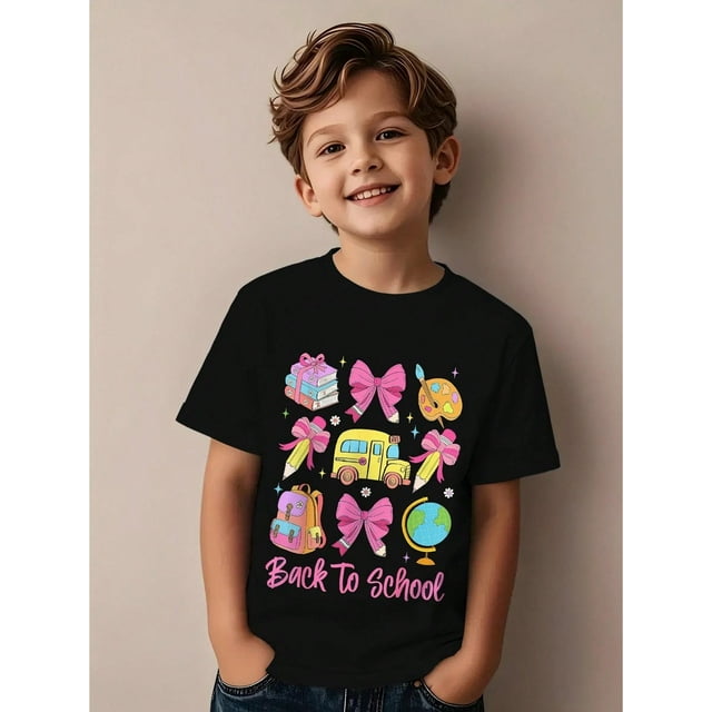 Boys Pink Bow Cute 2025 Back To School - Crew Neck Short Sleeve T-Shirt With Vibrant School Themed Print, Casual Summer Tops For Teens - Great For Birthdays and Return Gifts, Cute Boys Shirt