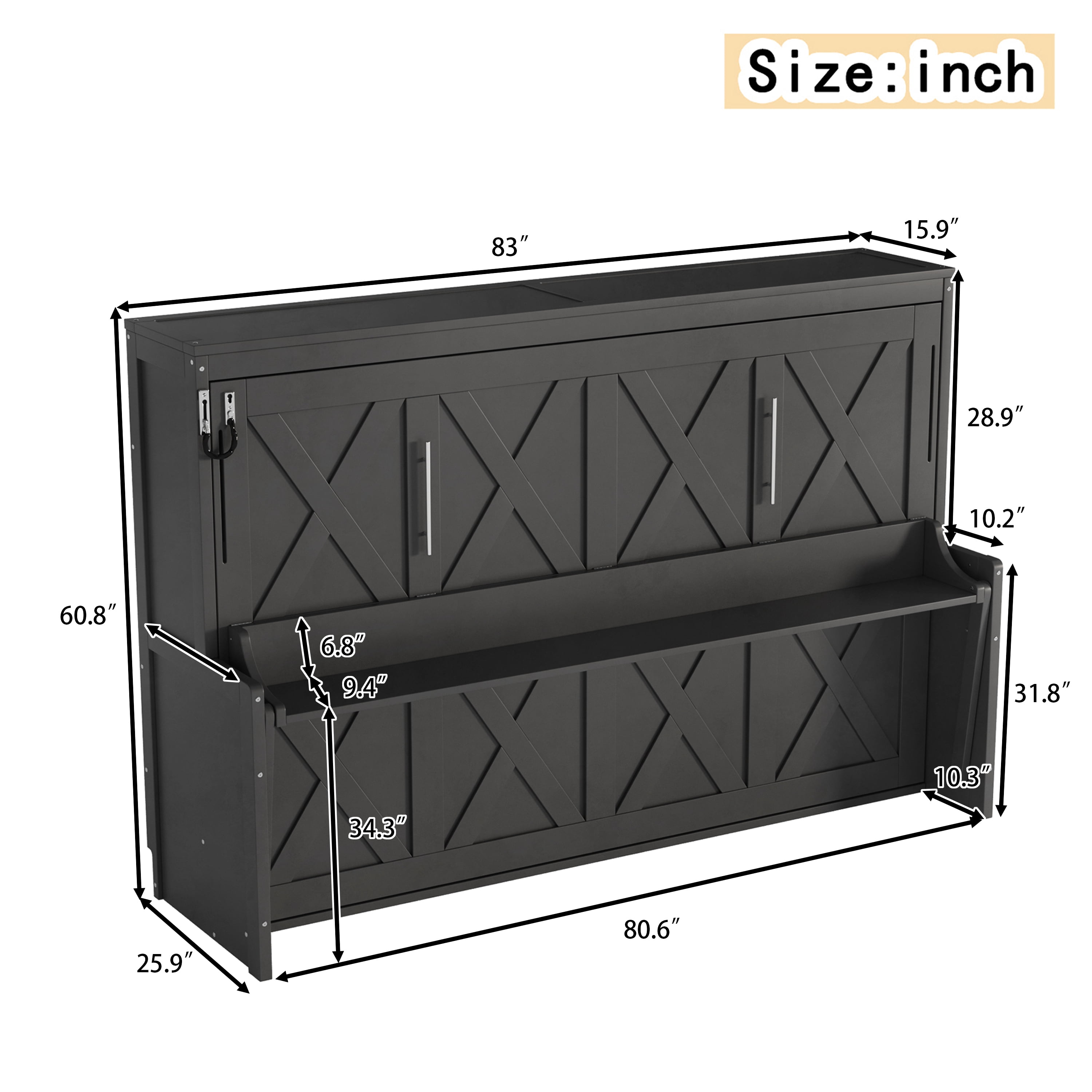 Mintazer Full Murphy Bed with Desk & Pegboard Storage, Farmhouse Foldable Bed with Charging Station & LED Lighting for Bedroom Guest Room, Dark Gray