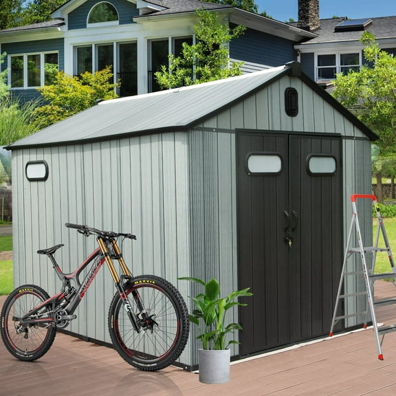 Heavy-Duty 8x10 Outdoor Storage Shed - Waterproof Resin Garden Shed with Lockable Door, Windows & Ventilation - Fits Riding Lawn Mower, Patio Furniture, Bikes, Yard Tools (Wood Grain Design)