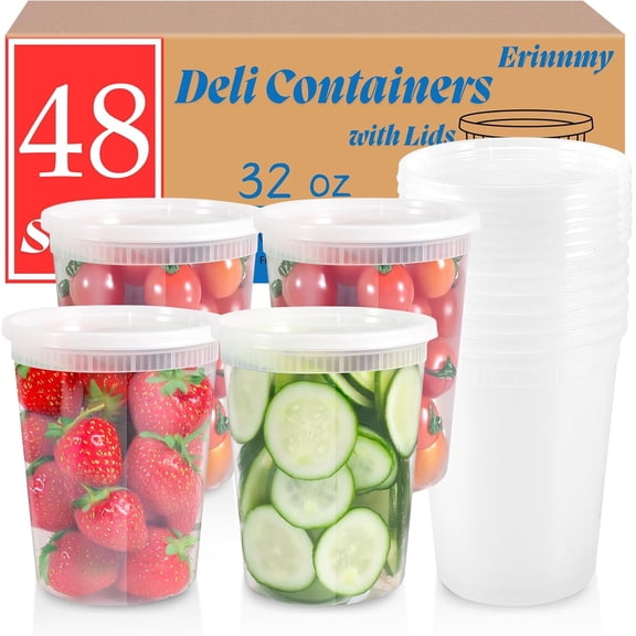 48 Sets Soup Containers with Lids,32 oz Deli Food Storage Containers,Clear Stackable Plastic Deli Container,Heavy-Duty Takeout Container,Leakproof,Microwave Freezer Dishwasher Safe
