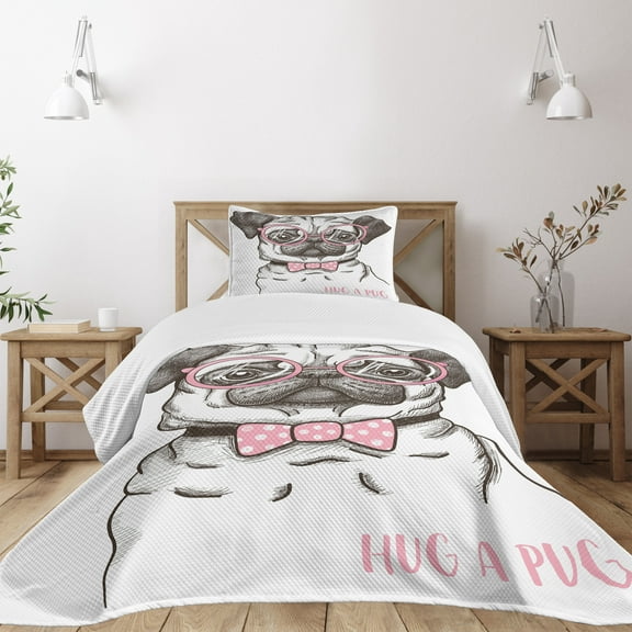 Ambesonne Pug Quilted Bedspread Set 2 Pcs, Pug with Bow Glasses, Twin Size, Brown Pale Pink White