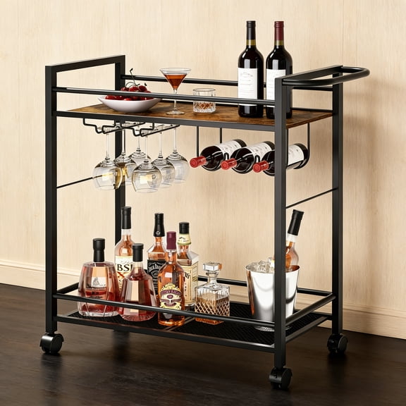 Buildhom 2-Tier Bar Cart with Wheels, Rolling Serving Cart with Wine Rack & Glass Holder for Kitchen, Living Room, Dining Room, Brown