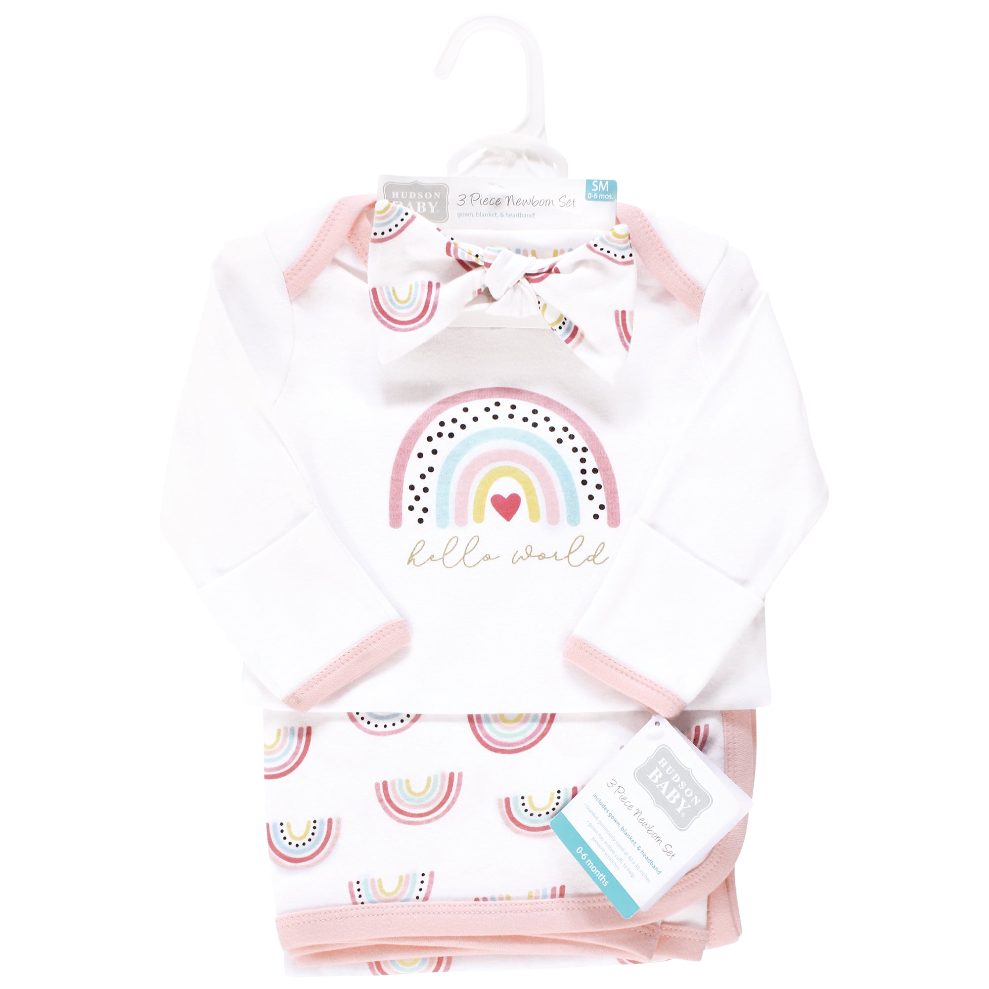 Hudson Baby Infant Girl Gown, Swaddle Blanket and Cap or Headband, Modern Rainbow, 0-6 Months