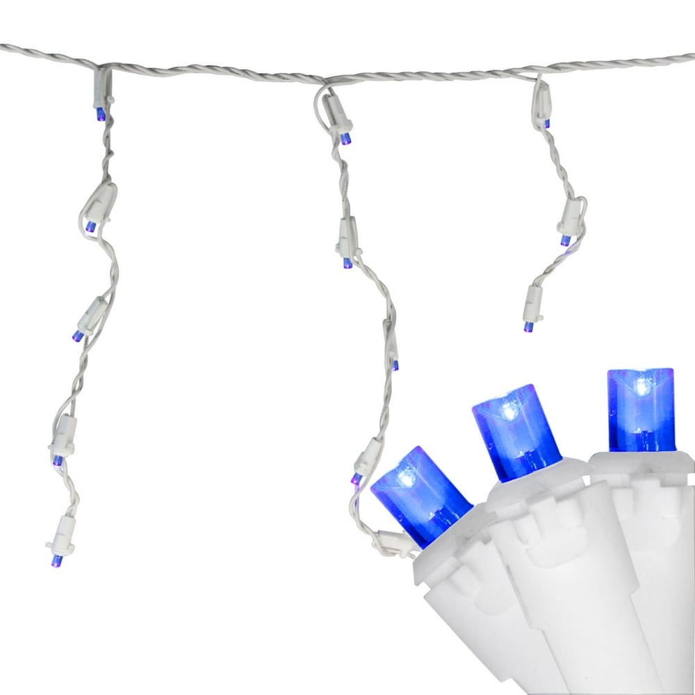 Set of 100 Blue LED Wide Angle Icicle Christmas Lights - White Wire