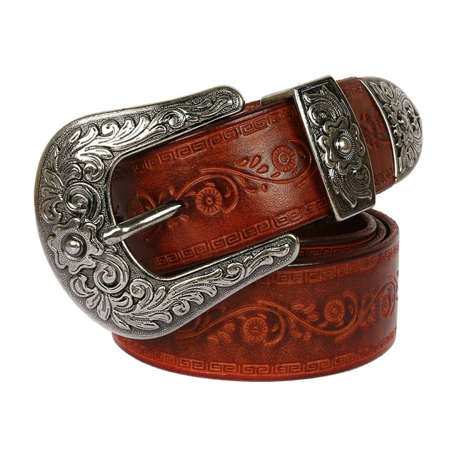 Maytalsory Sturdy And Fashionable PU Leather Belt Suitable For Men And Women Long Fashion Embossed Pattern Rivet Belt Long flower brown 115cm 1Set