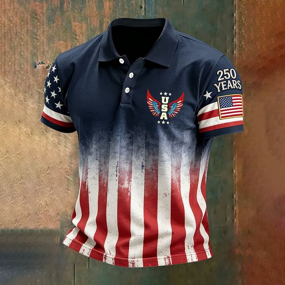 Conairie Mens 250 Anniversary USA Polo Shirt American Falg Print Patriotic July 4th T Shirts With Button Stand Collar Loose Holiday Commemorative Tops Navy L