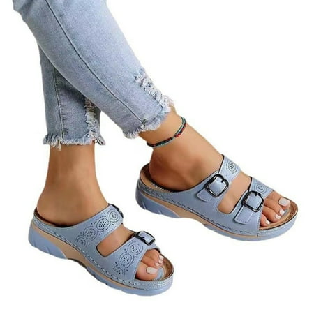 

Open Toe Slide Slippers Anti-slip Thick Sole Shoes with Buckles for Office Shopping Dating Light Blue 36