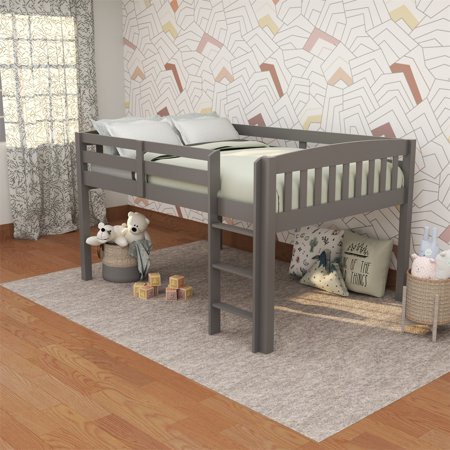 Full Loft Bed Solid Wood Loft Bed with Safety Guardrail and Ladder Low Loft Bed Frame with Underbed Space Multifunctional Full Loft Bed for Kids Teens Space Saving Design No Box Spring Needed Grey