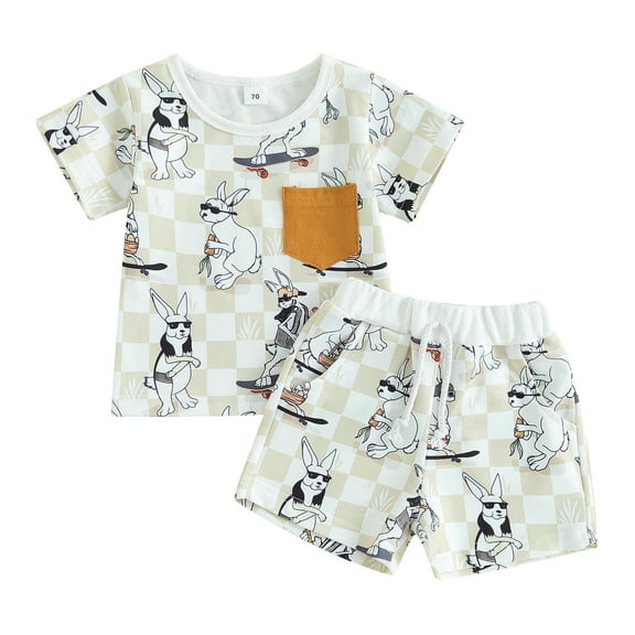 Bagilaanoe 2pcs Toddler Easter Outfits Baby Boy Shorts Set Short Sleeve Print T Shirt Tops Shorts 6M 12M 18M 24M 3T Kids Casual Summer Clothes