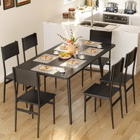 Noelse 63"Extendable Dining Table Set for 4-6 People, 7-Piece Space-Saving Kitchen, Living Room Table with 6 Chairs, Black