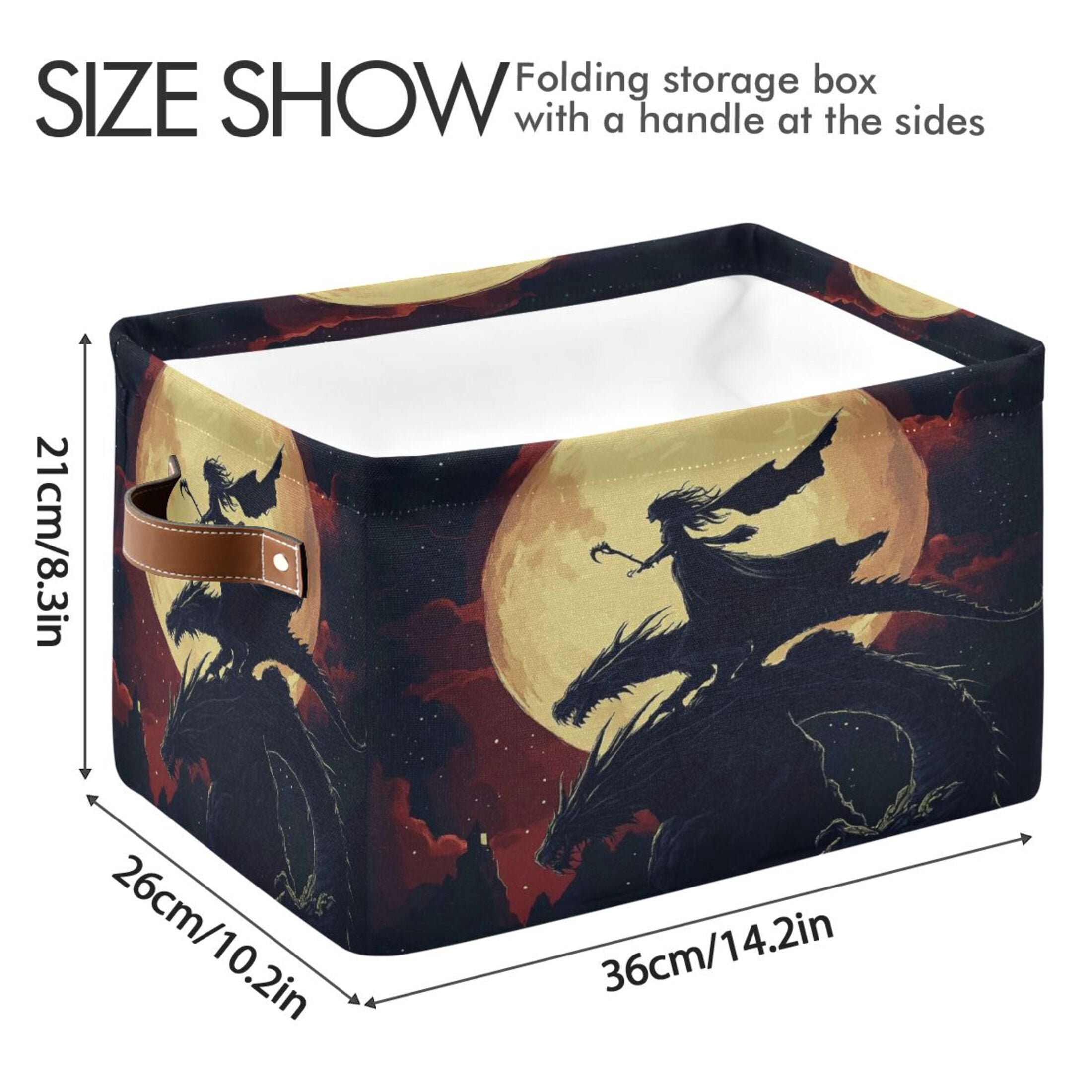 WOBOGO Witch and Black Dragons Square Storage Basket with Waterproof Canvas and PE Lining Durable PU Leather Handles 14.2×10.2×8.3in