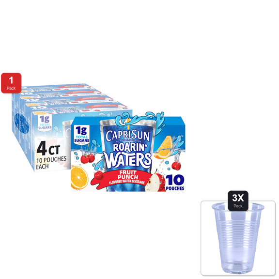 1 Pack | Capri Sun Roarin Waters Fruit Punch Flavored With Other Natural Flavor Water Beverage, 40 Ct Pack, 4 Boxes Of 10 Drink Pouches & 3x Disposable Cup