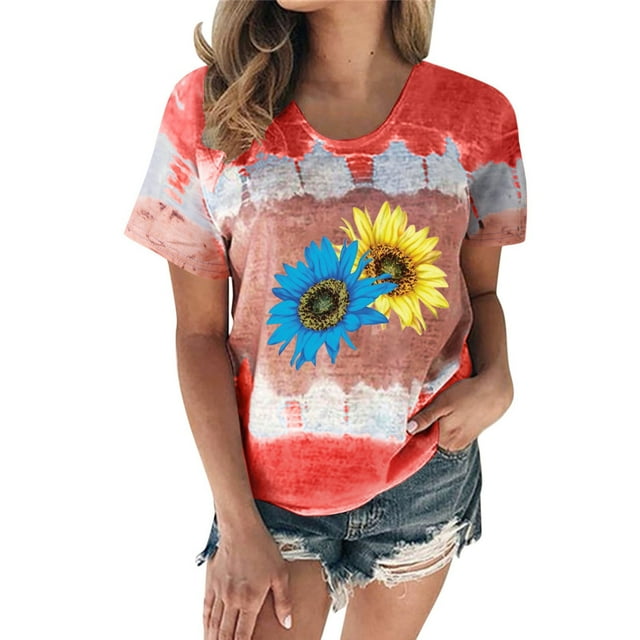 Hauts pour Femmes Décontractés Été Manches Courtes Tunique Ample T-Shirts Chic Henley Col Rond Mode Imprimé Blouses Basiques