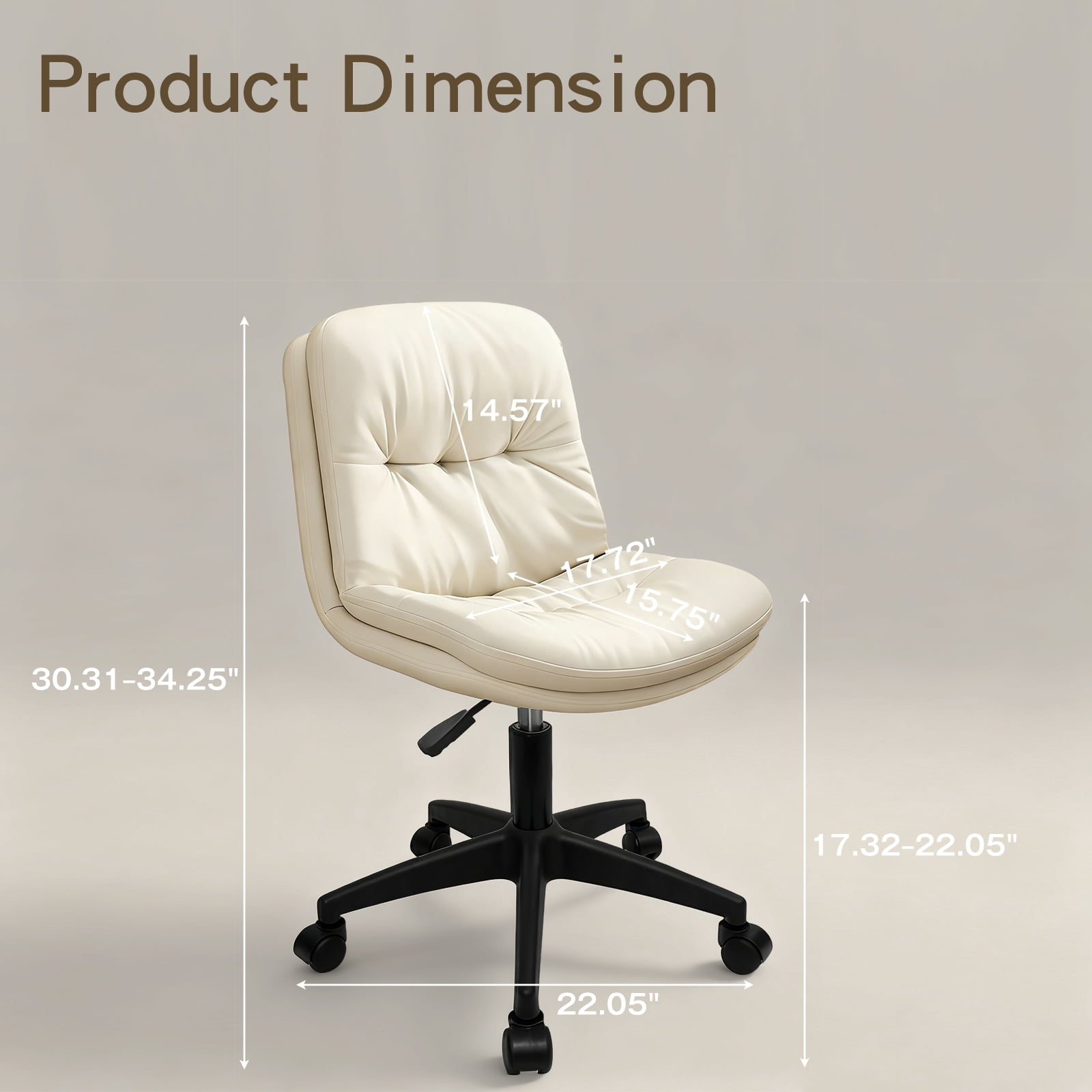 Small Office Desk Chair, PU Leather Armless Swivel Chair with Lumbar Pillow, Height Adjustable Task Chair for Small Spaces, Bedroom & Vanity Beige