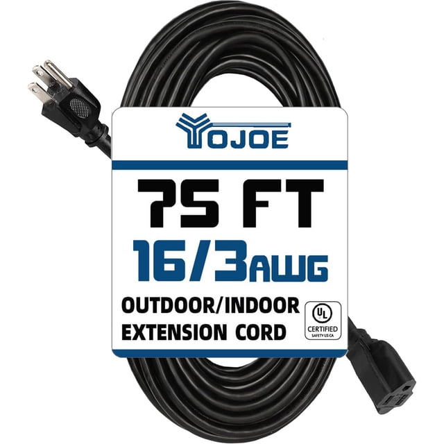 Cable de extensión YOJOE, calibre 16, 75 pies, 3 puntas, 10 A, resistente a la intemperie