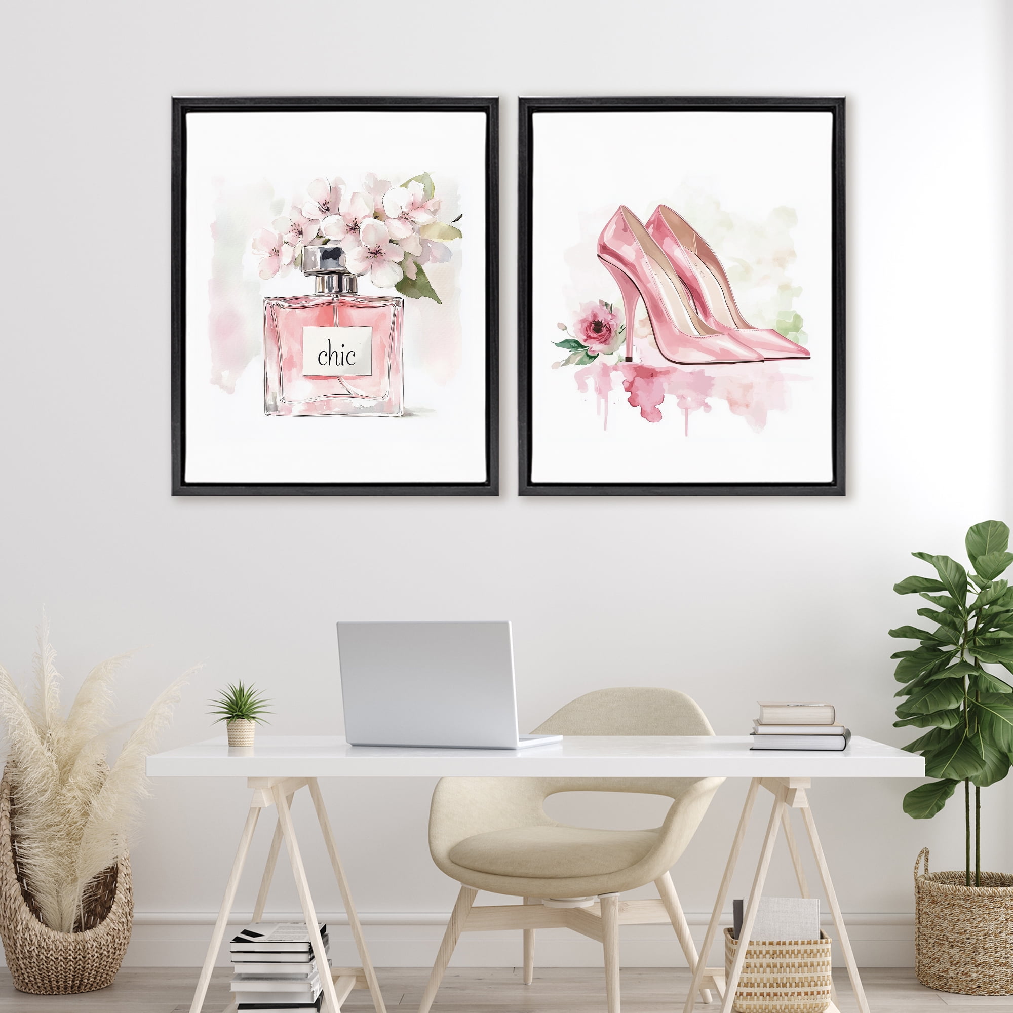 Rosy Pastel Perfume & Heels 2 Piece Black Framed Floater Canvas Set, design by Christine Simpson Art