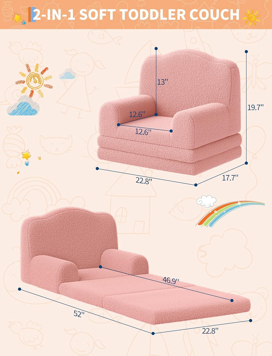 Kids Couch, 2-in-1 Convertible Teddy Fleece Fabric Toddler Sofa Chair, Soft Fold Out Couch Lounger for Kids, Comfy Children's Sofa Bed for Playroom, Nursery, Birthday Gift (Pink Crown)
