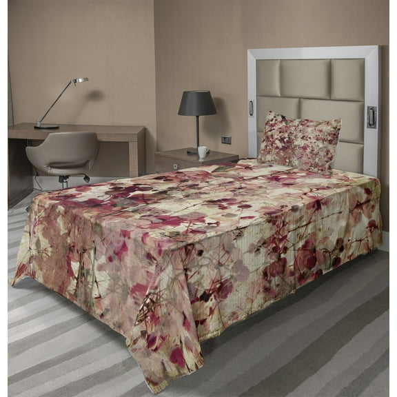 Ambesonne Retro Fitted & Top Sheet Set with Sham, Cherry Blossoms Floral, Beige and Pink