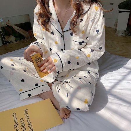 

CoCopeaunt Cotton Womens Nightwear Korean Sleepwear Heart Print Pajamas Female Set Pijama Long Sleeve Pyjamas Kawaii Home Wear Suit