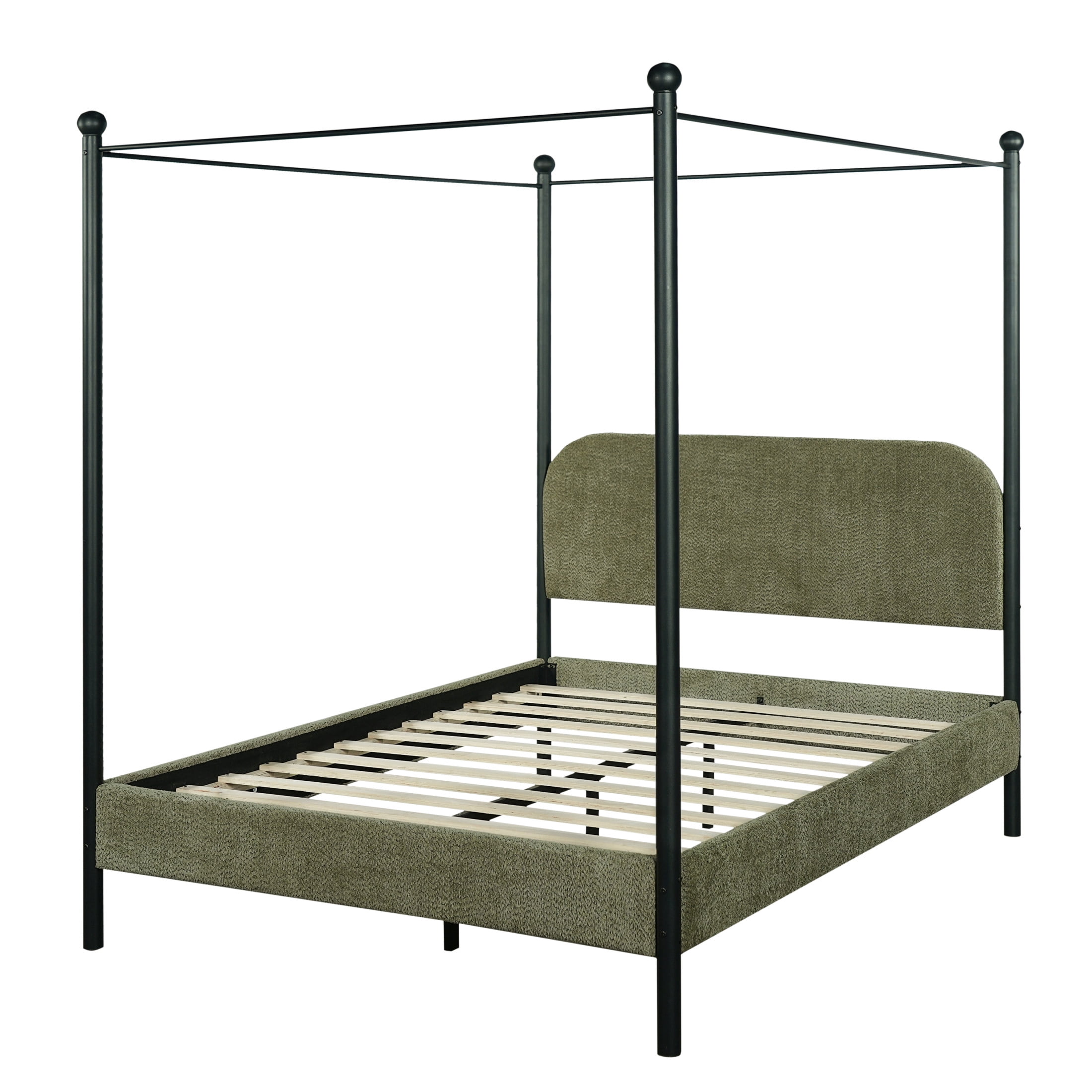 Christopher Knight Home Queen Upholstered Canopy Bed Frame with Boucle Fabric and Curved Headboard, Olive Green