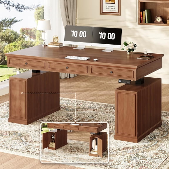 SEDETA Electric Standing Desk with Drawers, Height Adjustable Computer Desk with Cabinets, 55 Inch Home Office Desk, Farmhouse Wood Sit Stand Up Desk with Power Outlets, Mid Century Style, Brown