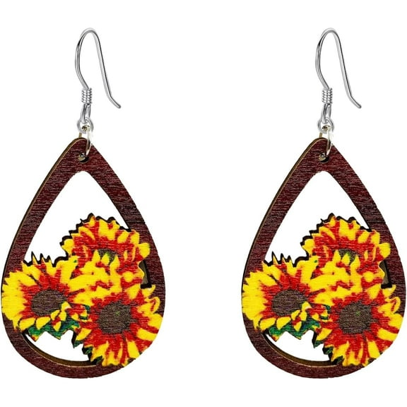 Fall Earrings for Women Thanksgiving Day Wooden Maple Leaf Sunflower Handmade Bohemian Autumn Dangle Lightweight Earrings For Women