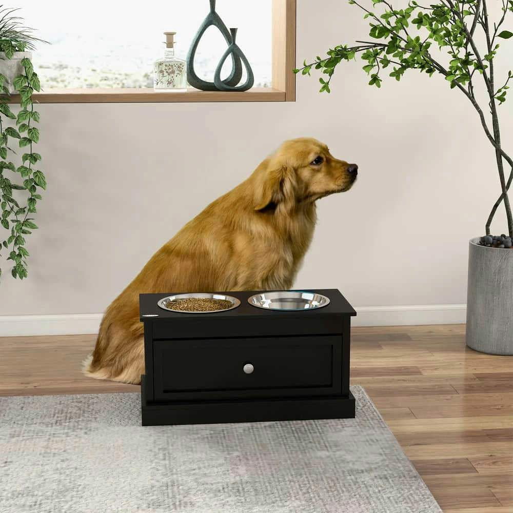Barara King Pet Feeding Station, Dog Bowls, Elevated Dog Bowls with Storage Drawer, Raised Dog Bowl Stand Pet Food Bowl Dog Feeding Station, Black