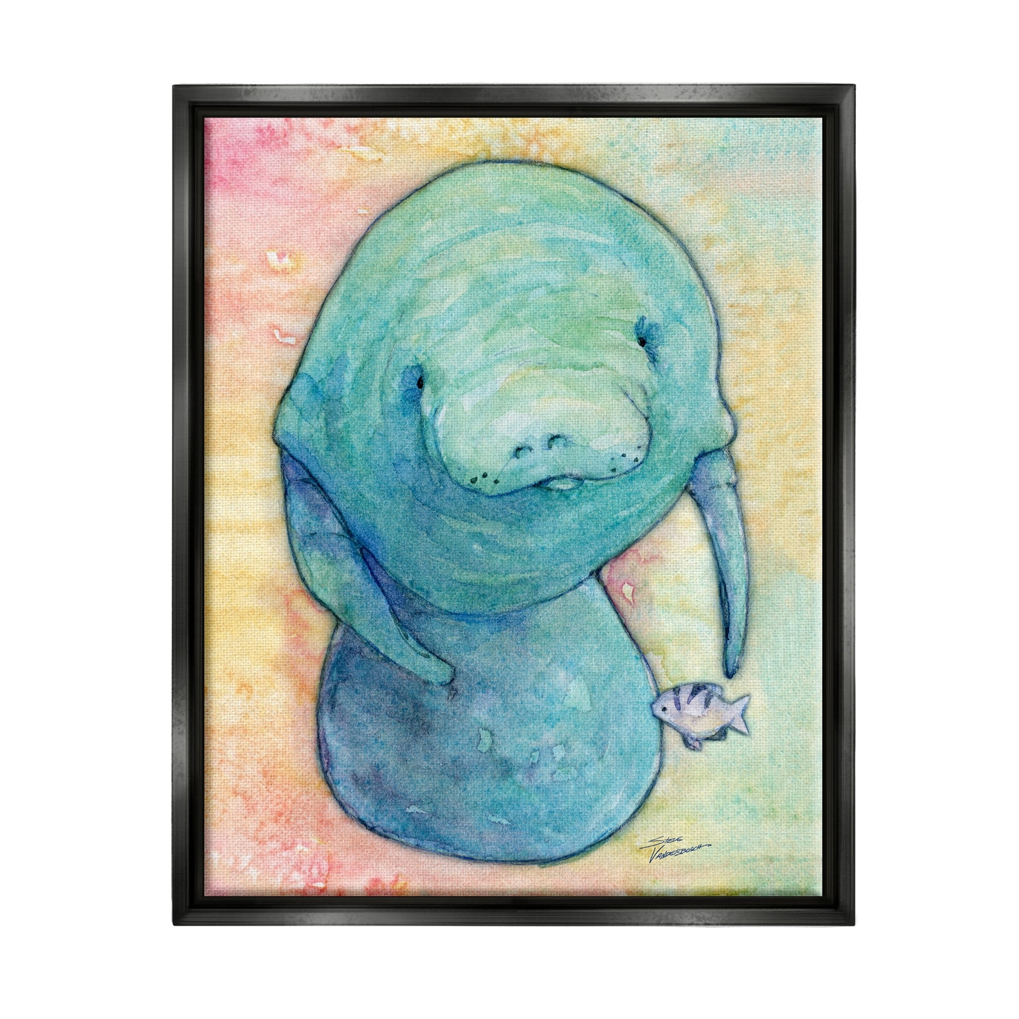 Stupell Industries Aquatic Manatee Among Fish Rainbow Watercolor Detail Painting Metallic Gold Floating Framed Canvas Print Wall Art, Design by Steve Vanderbosh