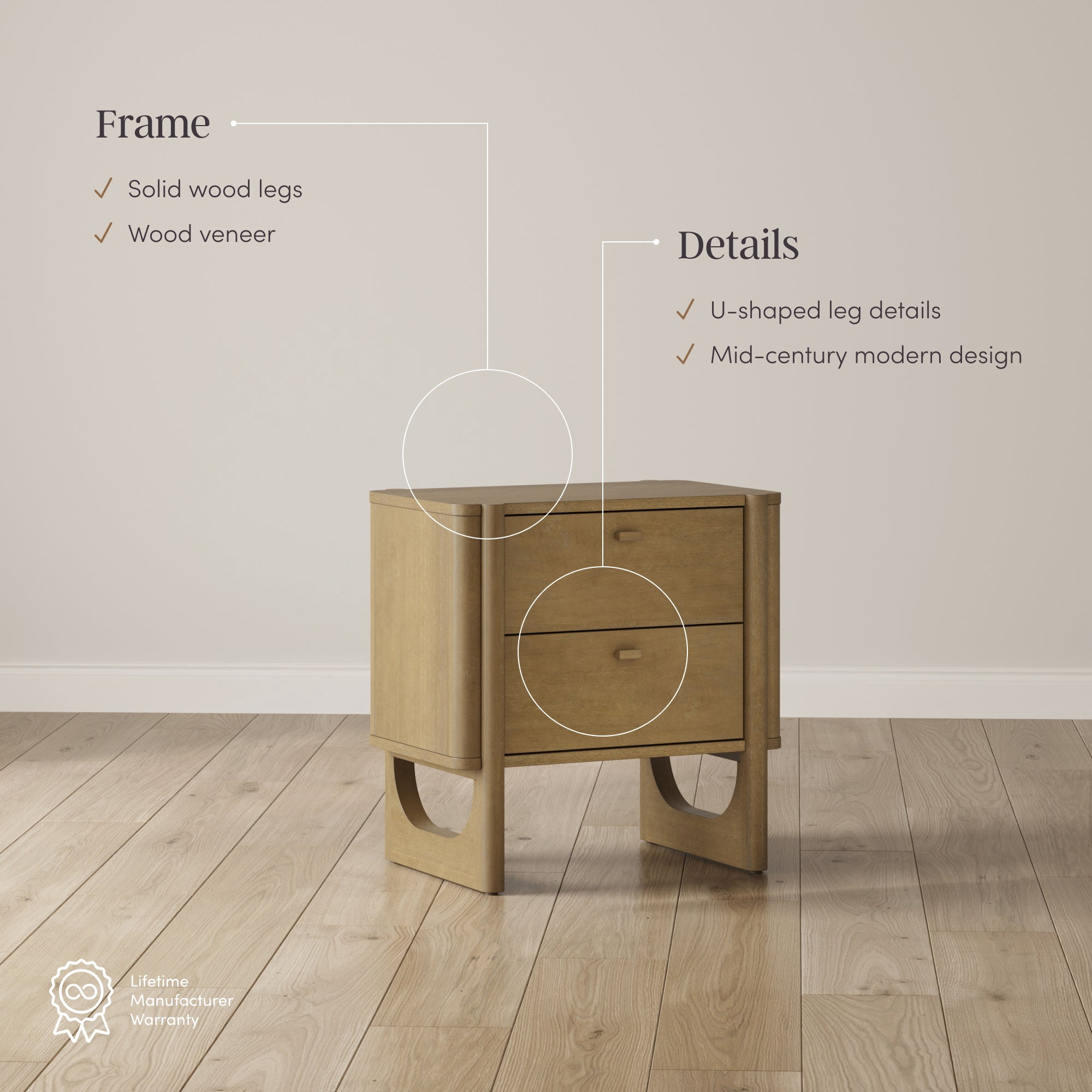 Nathan James Solace Mid Century Modern 2 Drawer Nightstand with Solid Wood Frame and Rounded Details, Light Brown