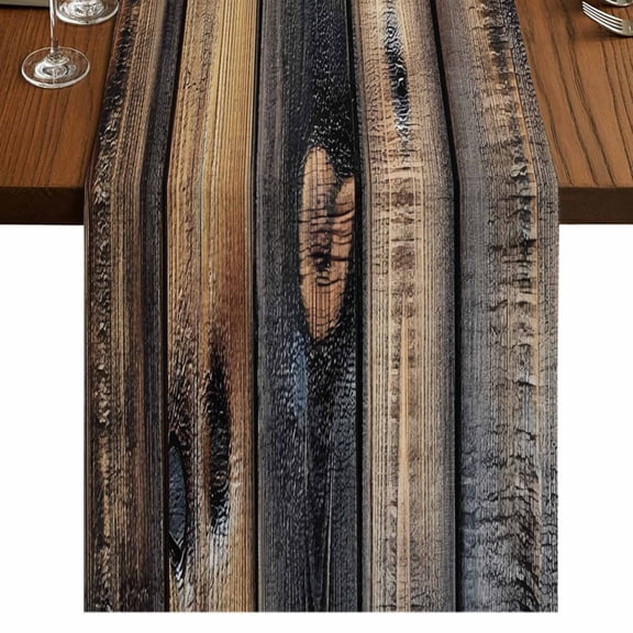 Black Brown Board 72 Inch Table Runner, Vintage Chic Shabby Wooden Grain Farmhouse Dresser Scarf Cotton & Linen Tablerunner for Dining/Kitchen Island/Holiday Party Décor 13" x 72"