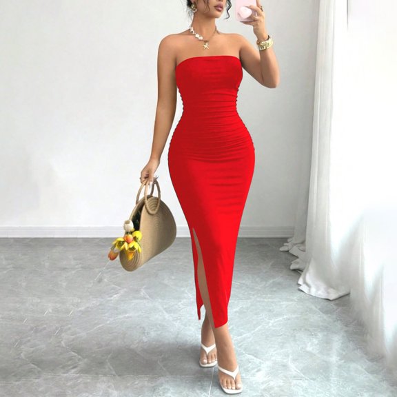 Bnwani Summer Dresses for Women,Dresses for Women,Solid,Side Split,V-Neck,Sleeveless,Red,M
