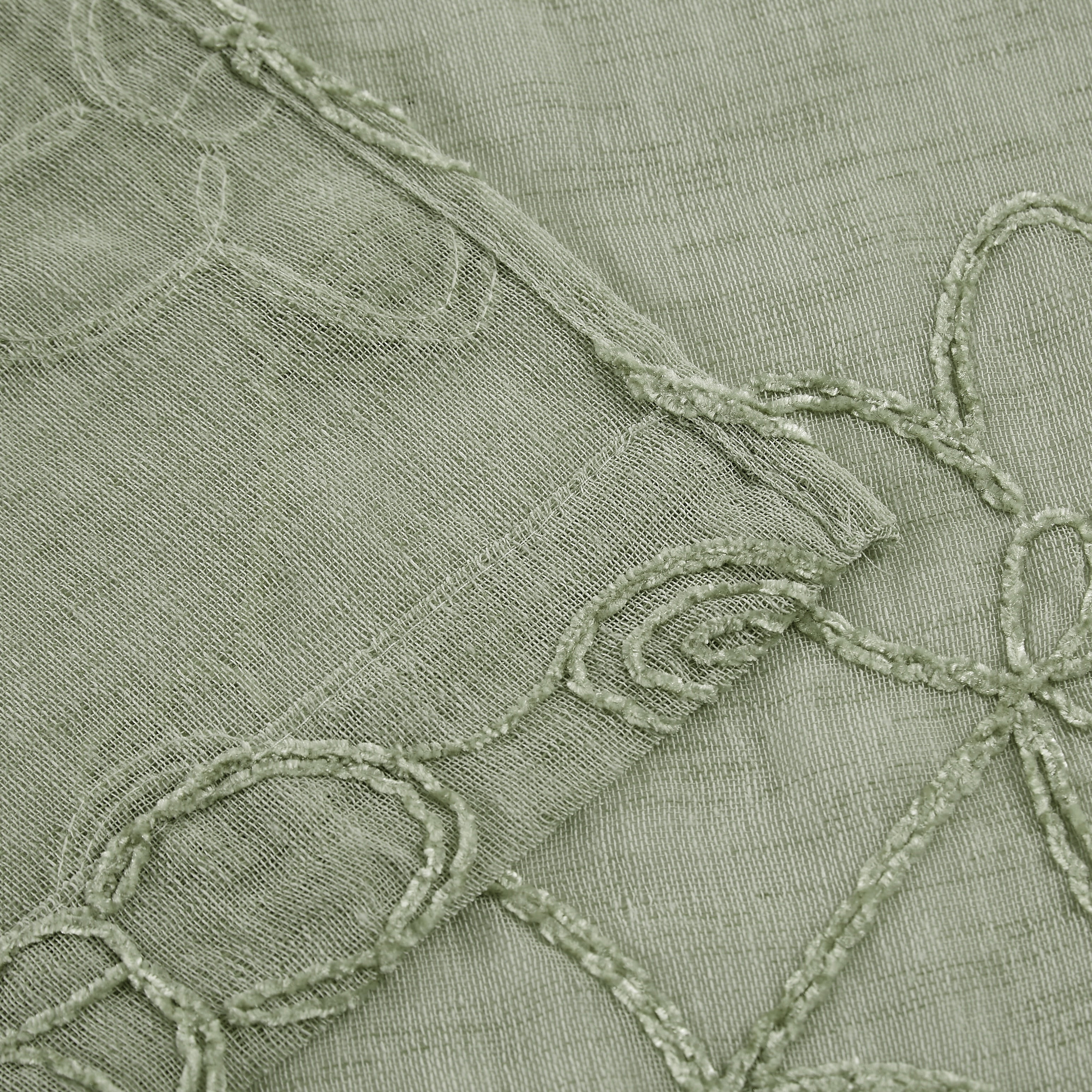 Dainty Home Rita 3D Floral Chenille Embroidered Solid Sheer Linen Look 76" x 84" Window Curtain Panel Pair in Olive Green