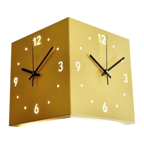 Reloj de pared de esquina de doble cara, reloj de esquina cuadrado, de metal, silencioso y sin tictac. Amarillo