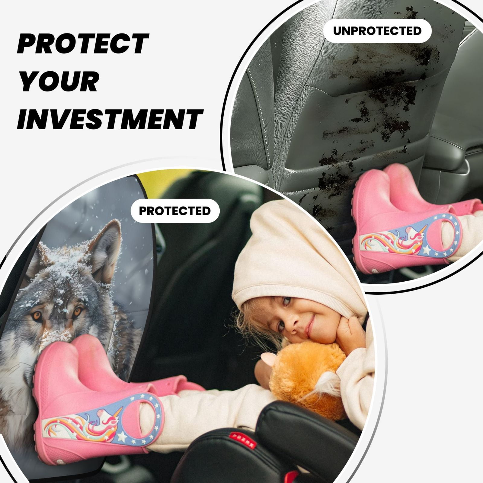 Kdxio Majestic Snowy Wolf Print 2 Pack Car Kick Mat Seat Cover Back Protector Mat with Pockets for Organizer Backseat Protector and Storage Anti Kick Pad for Vehicles