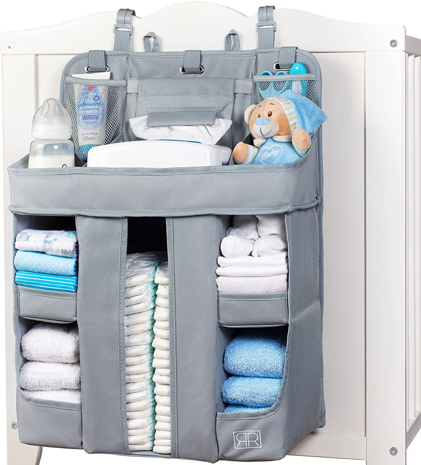 Wall & Bassinet Crib Baby Essentials Storage Hanging Diaper Caddy Organizer,Diaper Stacker and Crib Organizer,Upgrade Thicken Nursery Organizer for Changing Table Gray 