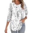 thumbnail image 3 of TaTaai Womens Casual Printed Shirt 3/4 Sleeve Round Neck Front Pleated Blouse Loose Fit Fashion Tunic Soft Comfortable Top for Spring Summer Holiday Daily Gift, 3 of 7
