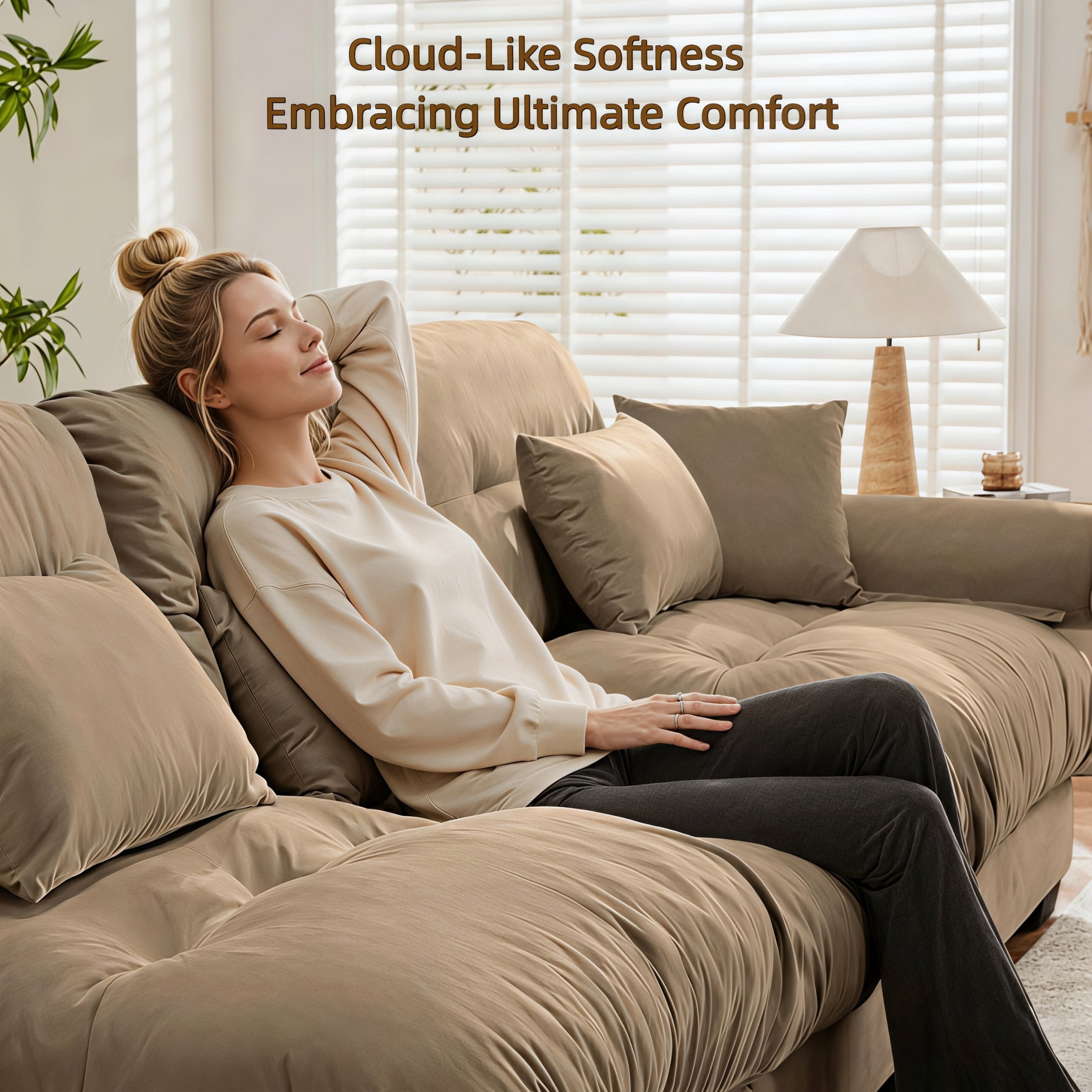 Amuille 93.7" Modular Sectional Sofa Velvet U Shaped Cloud Couch with 2 Movable Ottomans, Deep Seat Couch for Living Room, with Pillows, Camel