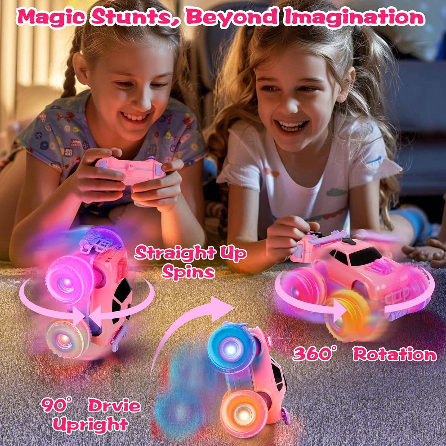 Drefirsa Princess Remote Control Car, Pink Monster Truck with Flashing Light, Spray, Stunt and DIY Sticker