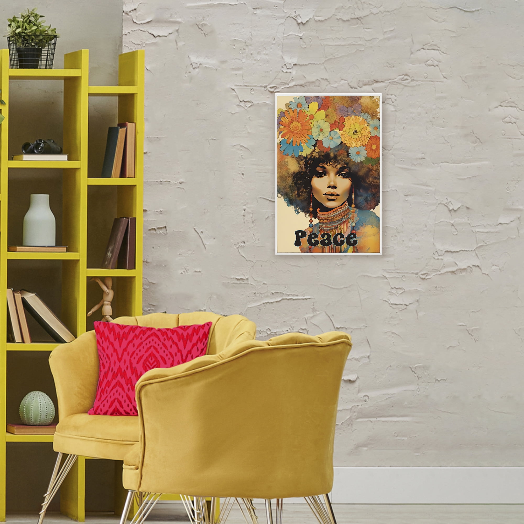 Peace Groovy Afro Girl White Framed Giclee Art, design by Sasha