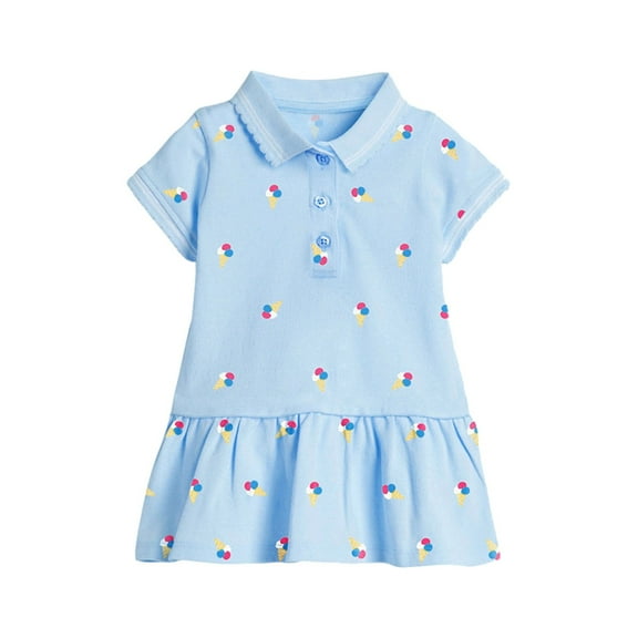 PINQI Birthday Baby Girls Dress Summer Fashion Short Sleeve Lapel Cute Print Girls Princess Dress A Line Sundress for Toddler Birthday Sundress