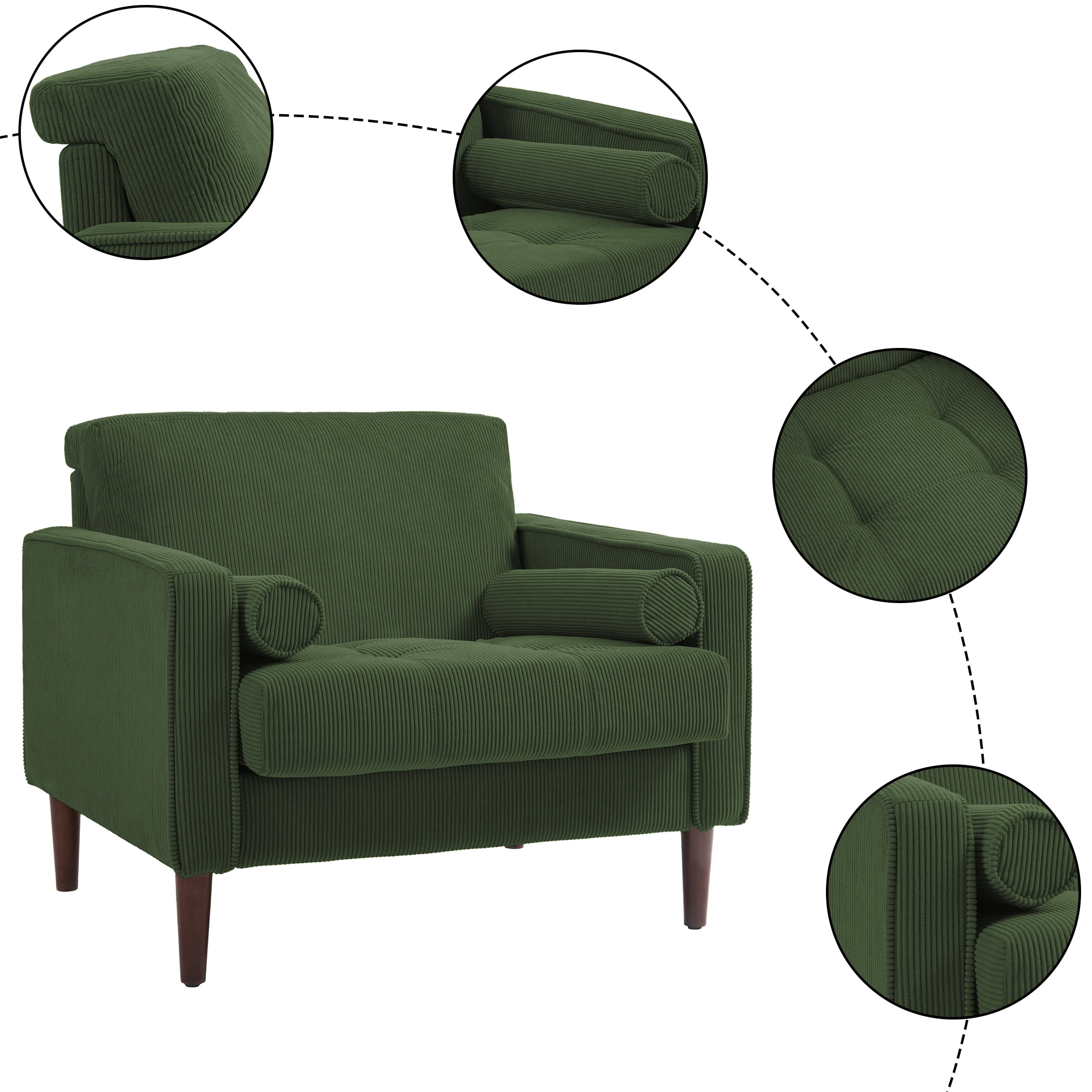 DREAMSIDEA Modern Upholstered Corduroy Accent Chairs Comfy Armchair Reading Chair with Pillows for Living Room Bedroom Reading Room,Green