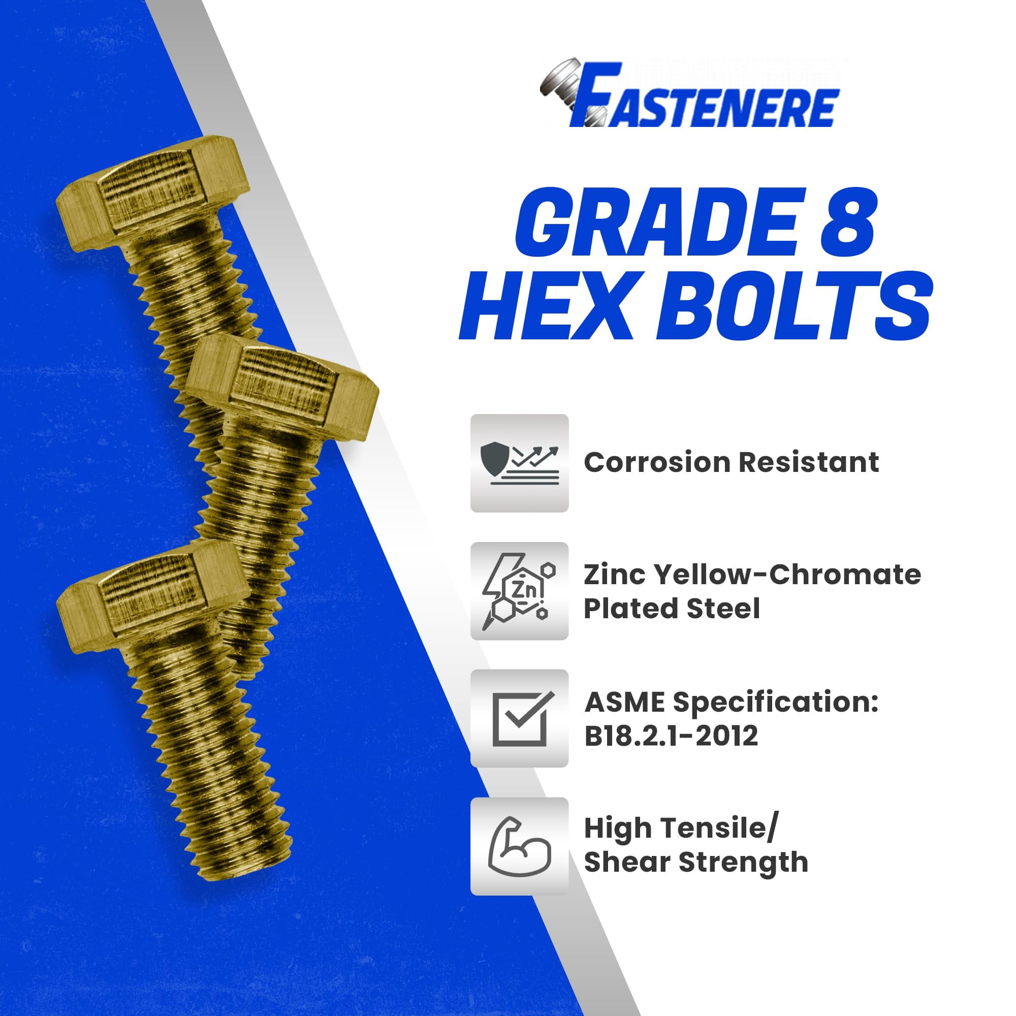 Fastenere 3/8"-24 x 7/8" Hex Bolts Grade 8 Zinc Yellow-Chromate Plated Steel, Fully Threaded Durable Hex Bolts for Machinery & Construction, Rust-Resistant, Heavy-Duty Fasteners, Pack of 25