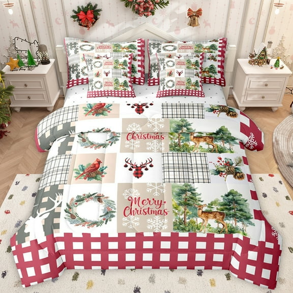 Homewish Merry Christmas 7-Piece Twin Bedding Sets,Wild Reindeer Silhouette Bedding Comforter Set,Red Cardinal Bird Sheet Sets For Girls Kids,Super Cozy Room Decor