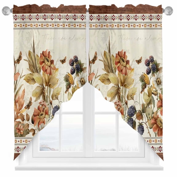Farmhouse Flowers Swag Kitchen Curtain Valances, Wildflowers Fruit Leaf Beige Brown Geometric Rod Pocket Curtains Window Treatment Decor Valances for Bedroom Bathroom, 2 Panels 36 x 63 Inch