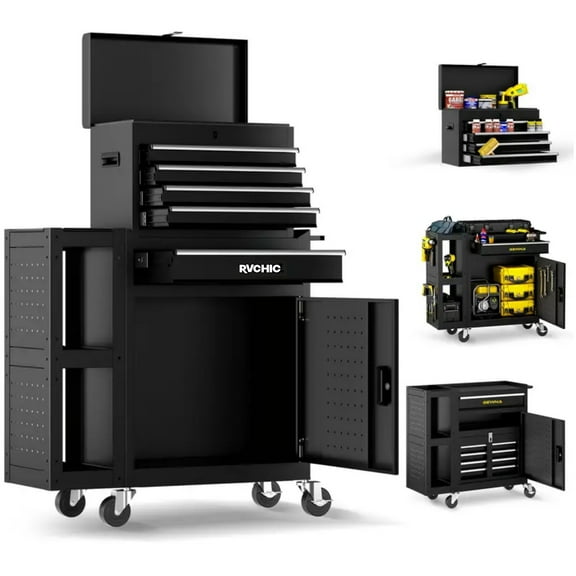Rvchic 5-Drawer Rolling Tool Chest with Locking System & 3 Large Lockable Cabinets for Garage Workshop ,Includes Protective Mat & Side Cabinet
