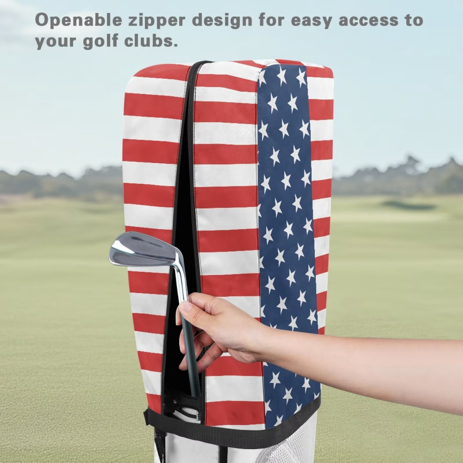 Chririnla American Flag Stars Portable Golf Bag Dust Cover Club Protection Cape with Snap Button & Zipper Waterproof & Dustproof for All Weather