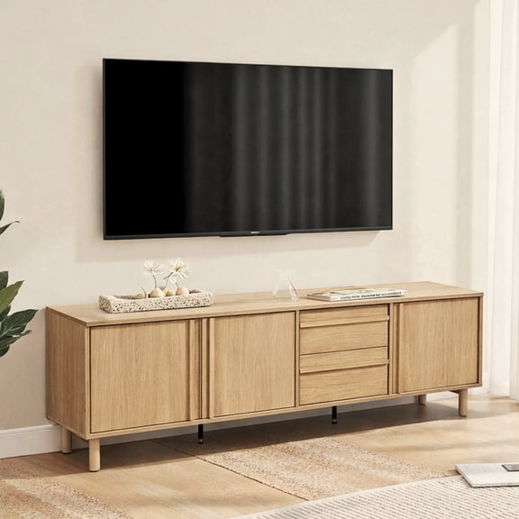 LuxenHome 71" Modern TV Stand for TVs up to 75", Media Console Cabinet with Drawers, Oak