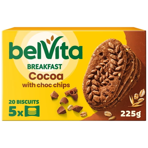 Belvita Breakfast Cocoa Chocolate Chip Cereal Biscuit Snack Bars Pack 5 x 45g, Imported from Britain