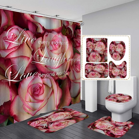 4PCS/Set Pink Rose Fabric Shower Curtain, Valentine's Day Gift Elegant Floral Romantic Flower Wedding Bathroom Decor, Non-Slip Bath Rugs Toilet Carpet Bathroom Mat, Live Laugh Love