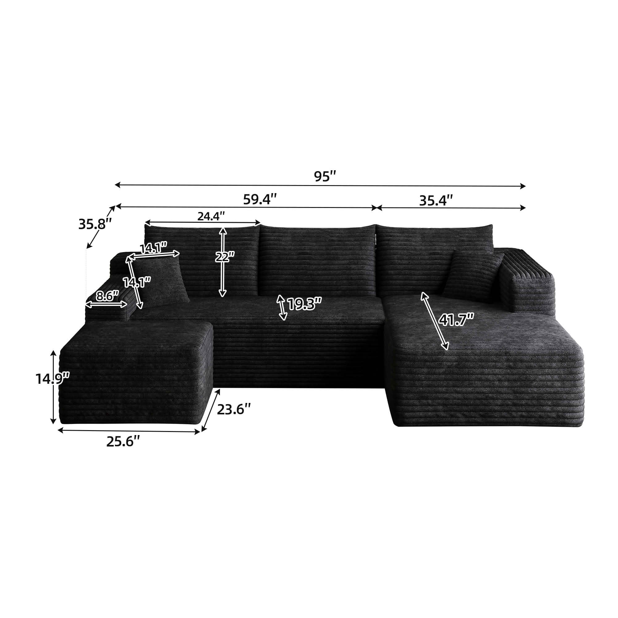 MAYEERTY 95 Inch U‑Shaped Cloud Sectional Sofa with 1 Ottoman, Modern Deep‑Seat Corner Couch, Plush Corduroy Reversible Sofa, No‑Assembly for Living Room Bedroom Apartment